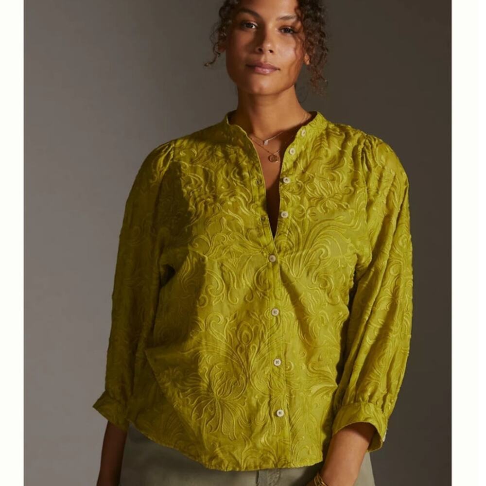 Anthropologie Pilcro Bella Embroidered Semi Sheer Button Down Blouse Green Sz XS - Picture 3 of 14